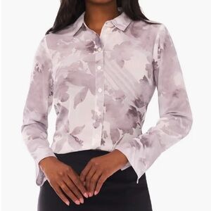 Halogen NWT Floral Button Down Top, 3-Button Sleeve Caps, Silk-Like Fabric, Sz L